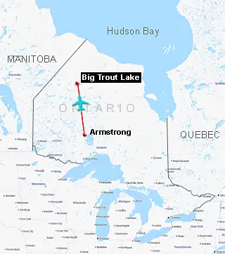 Map showing the route from Armstrong to Big Trout Lake